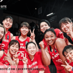 Image of Japan Women's basketball team. Players flashing the V sign.