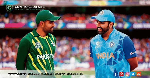 Image of a Pakistani and Indian cricket players talking.
